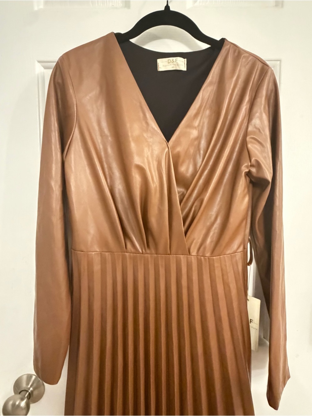 NWT D&F Faux Leather Pleated Maxi Dress Brown Long Sleeve Wrap Dress - Picture 3 of 10